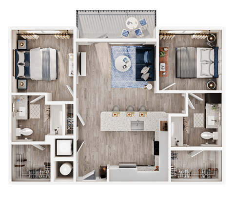 Floor plan for 2 beds, 2 baths, 901 sqft